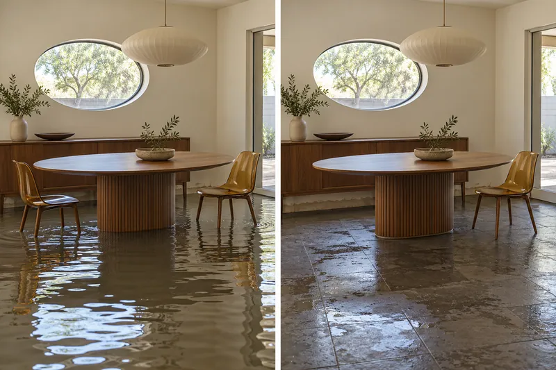 Water Extraction in Coppell — matched room before bulk collection and after pickup with damp flooring