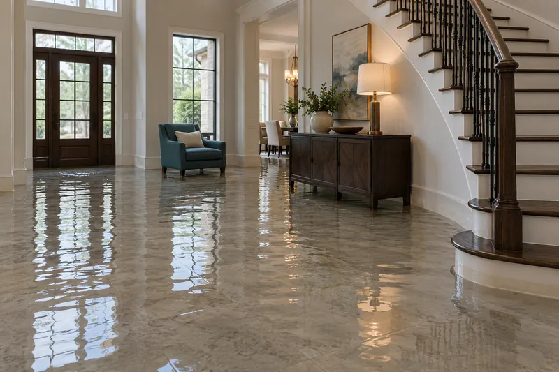 Water Extraction in Coppell — six-inch standing water around furniture in a curved-staircase foyer